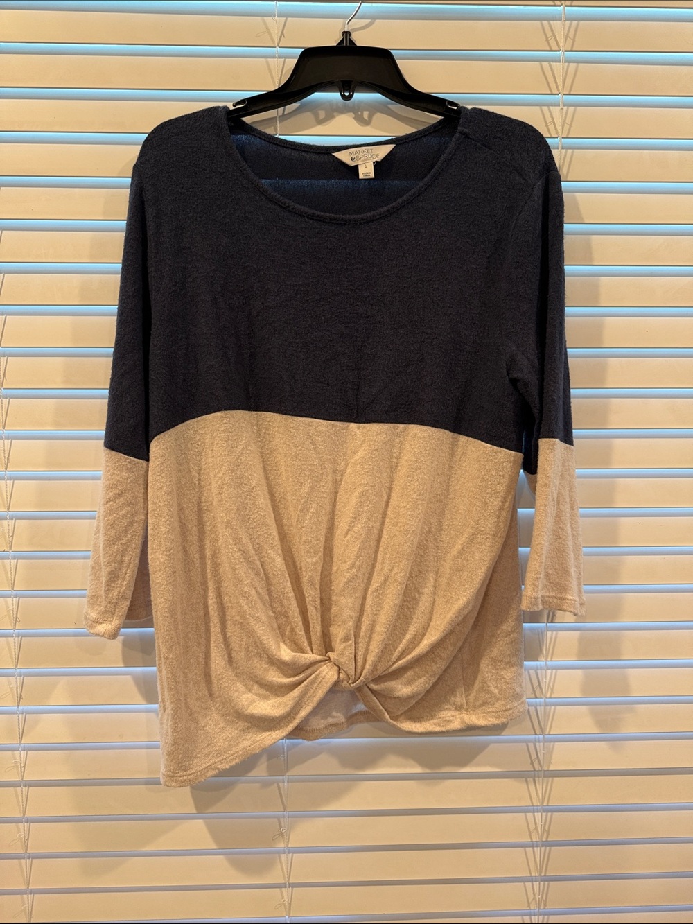 Market & Spruce Navy and Cream Tie-Front Colorblock Top